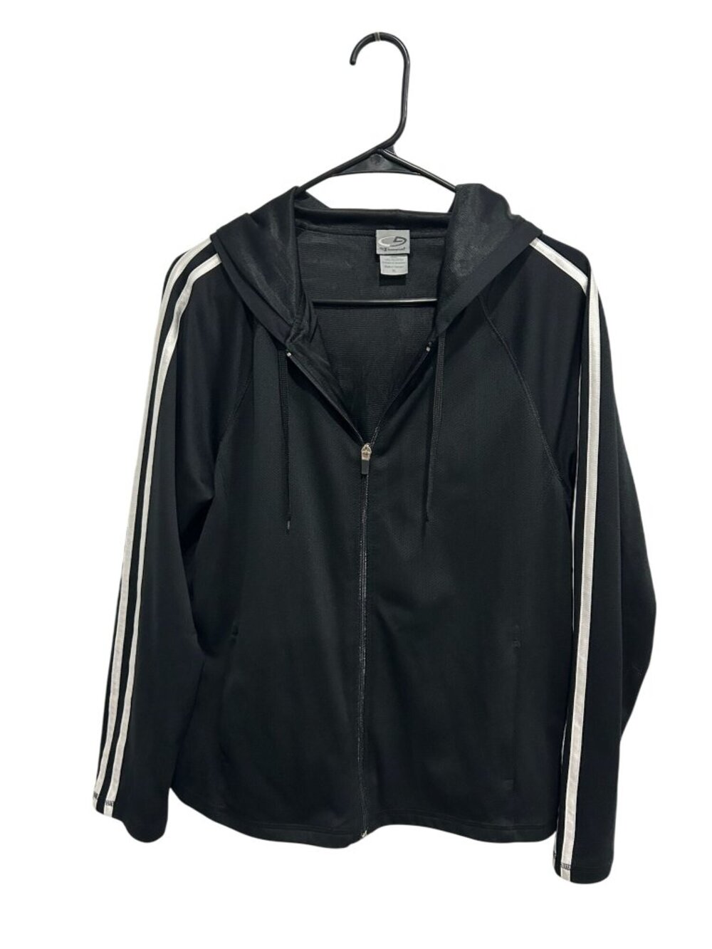 Champion XL Black Full Zip Hoodie Jacket Striped Sleeves Lined Collegiate Sporty